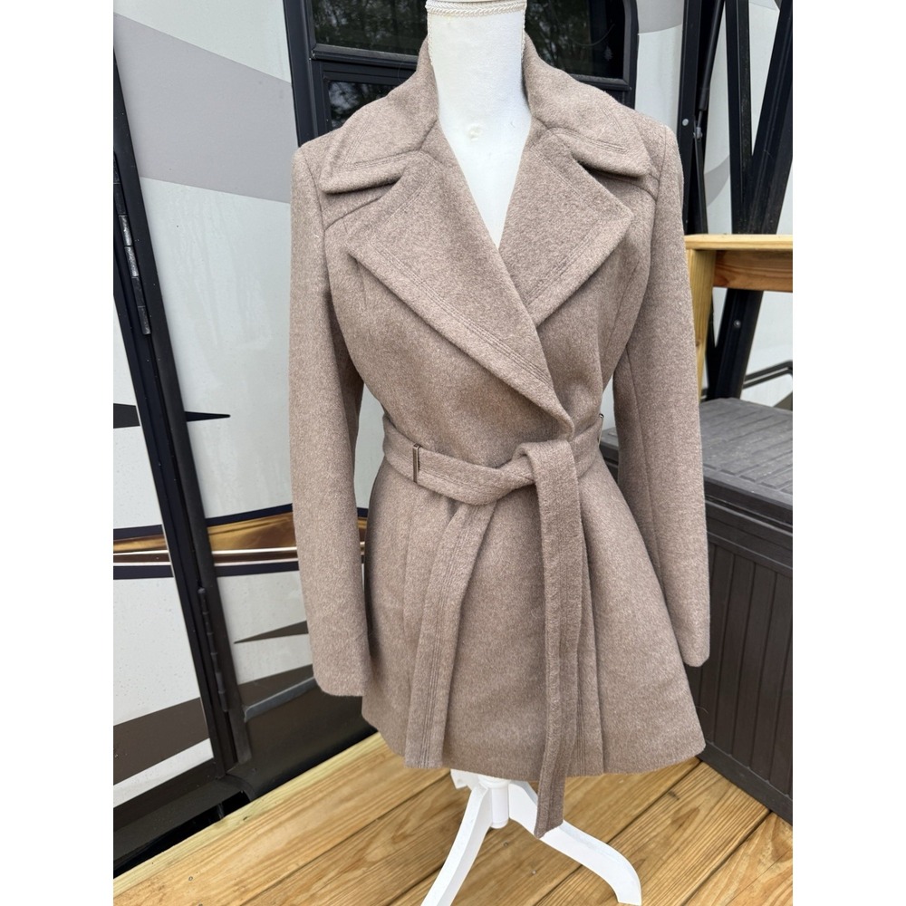 Calvin Klein Women's Wool Blend Belted Tan Wrap Coat Size 6